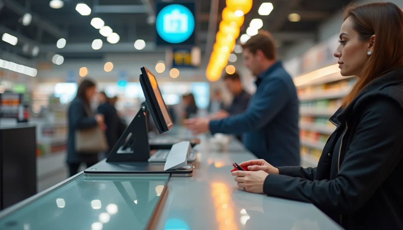 High angle view of a checkout counter with a digital point-of-sale system