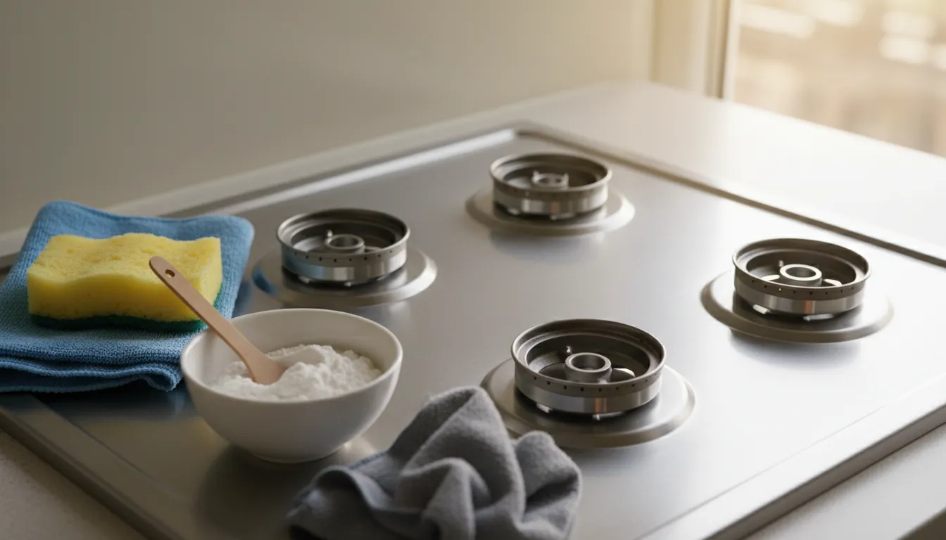 Close-up view of a kitchen hob being prepared for a thorough clean