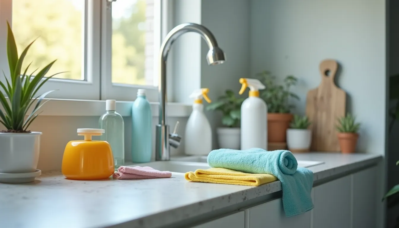 Close-up view of cleaning supplies arranged on a countertop ready for end of tenancy cleaning