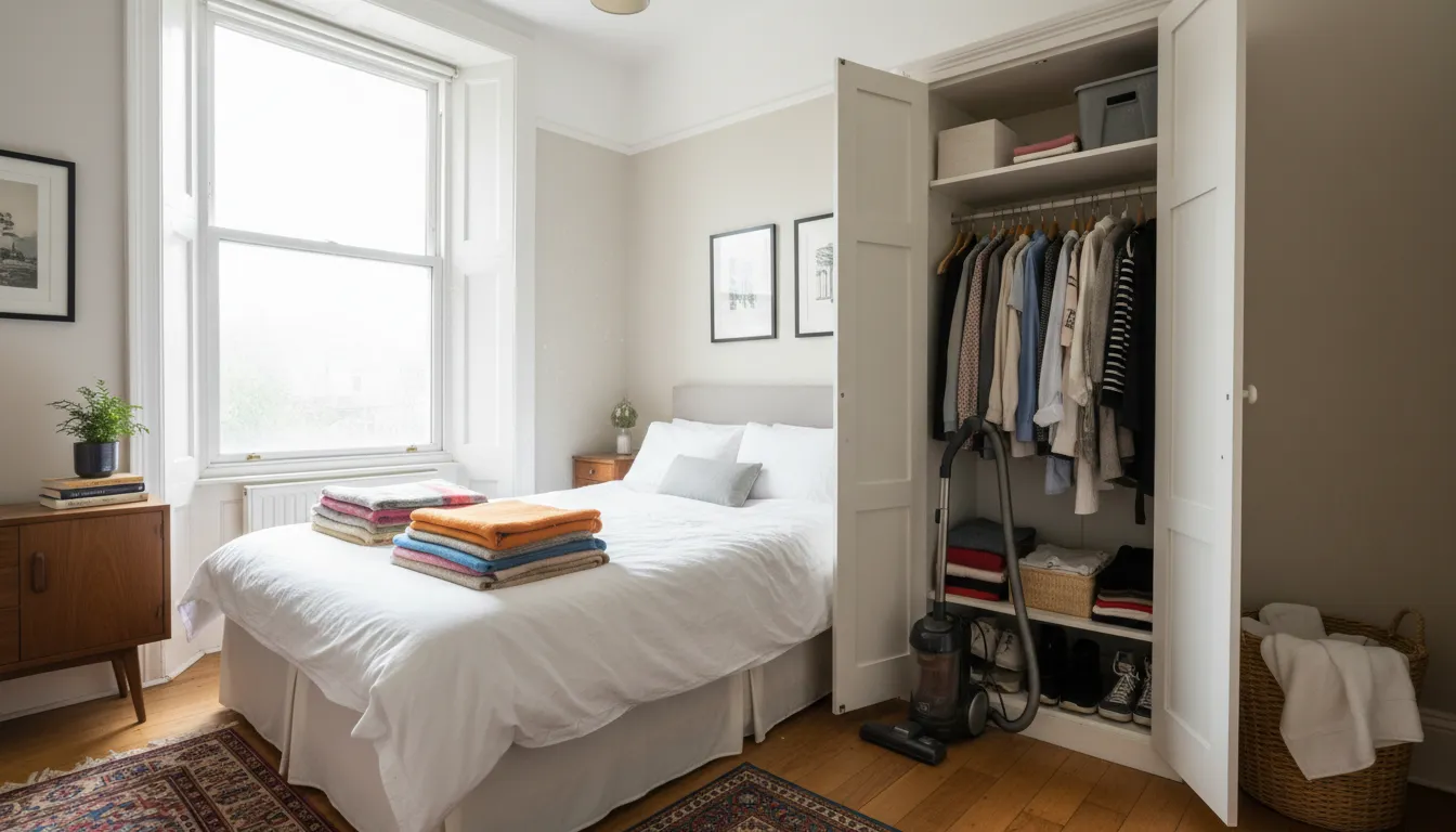 Eye-level view of a bedroom with fresh bedding and a vacuum beside the wardrobe