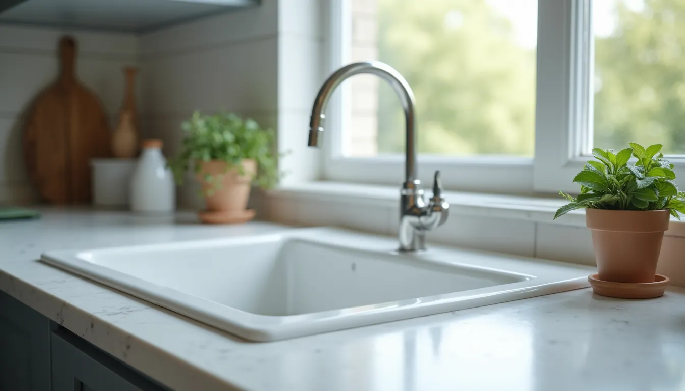 High angle view of a sparkling clean kitchen countertop after professional cleaning