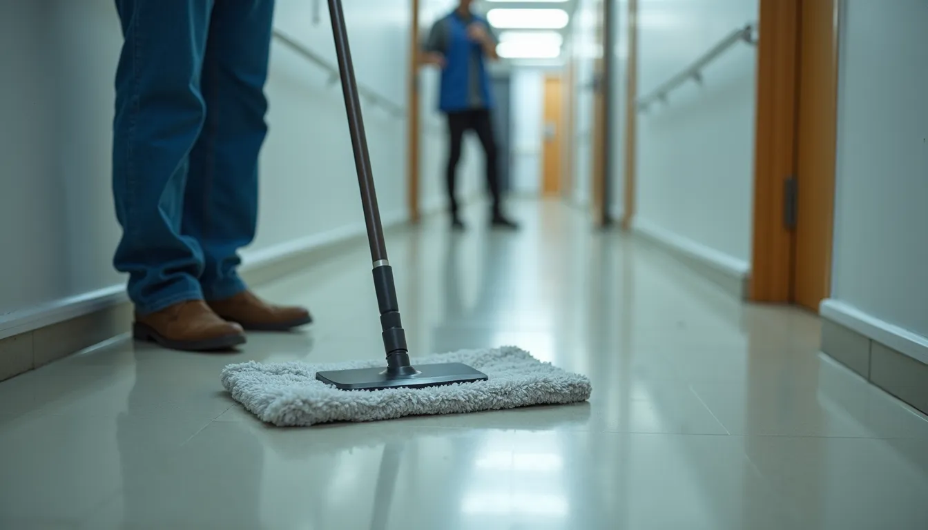 High angle view of a janitor using a microfiber mop on a polished office floor