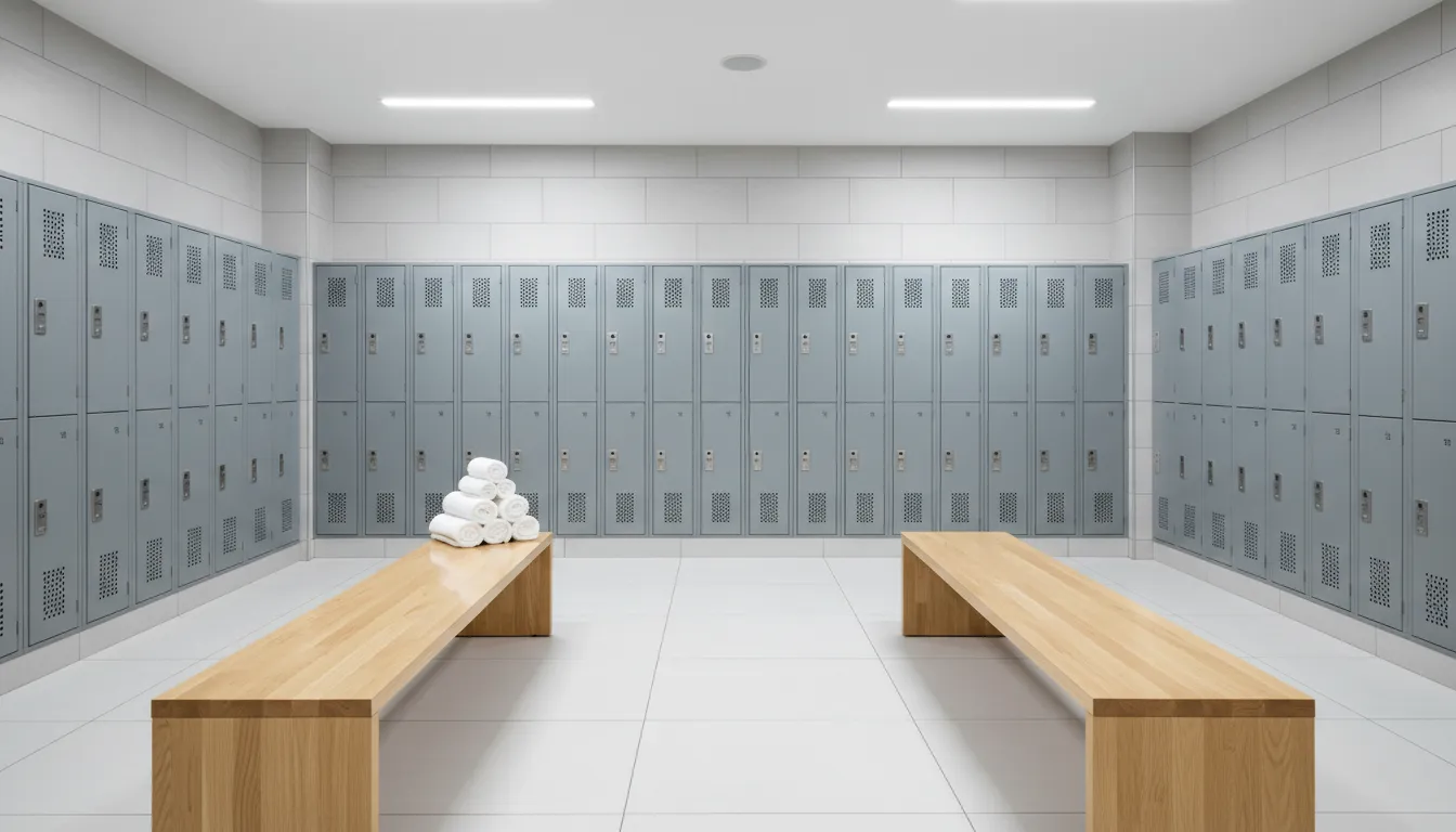 Eye-level view of a clean changing room with benches, lockers, and tiled floors.