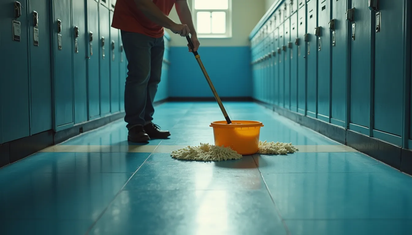 High angle view of gym locker room with wet floors and cleaning equipment