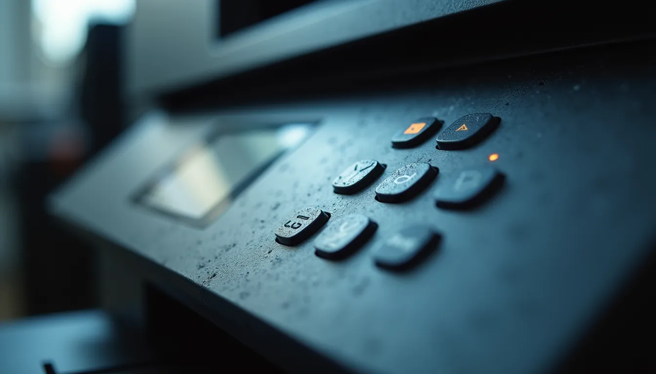 Eye-level view of a printer control panel with smudges
