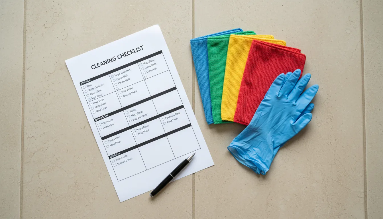 Overhead view of a paper cleaning checklist beside colour-coded cloths.