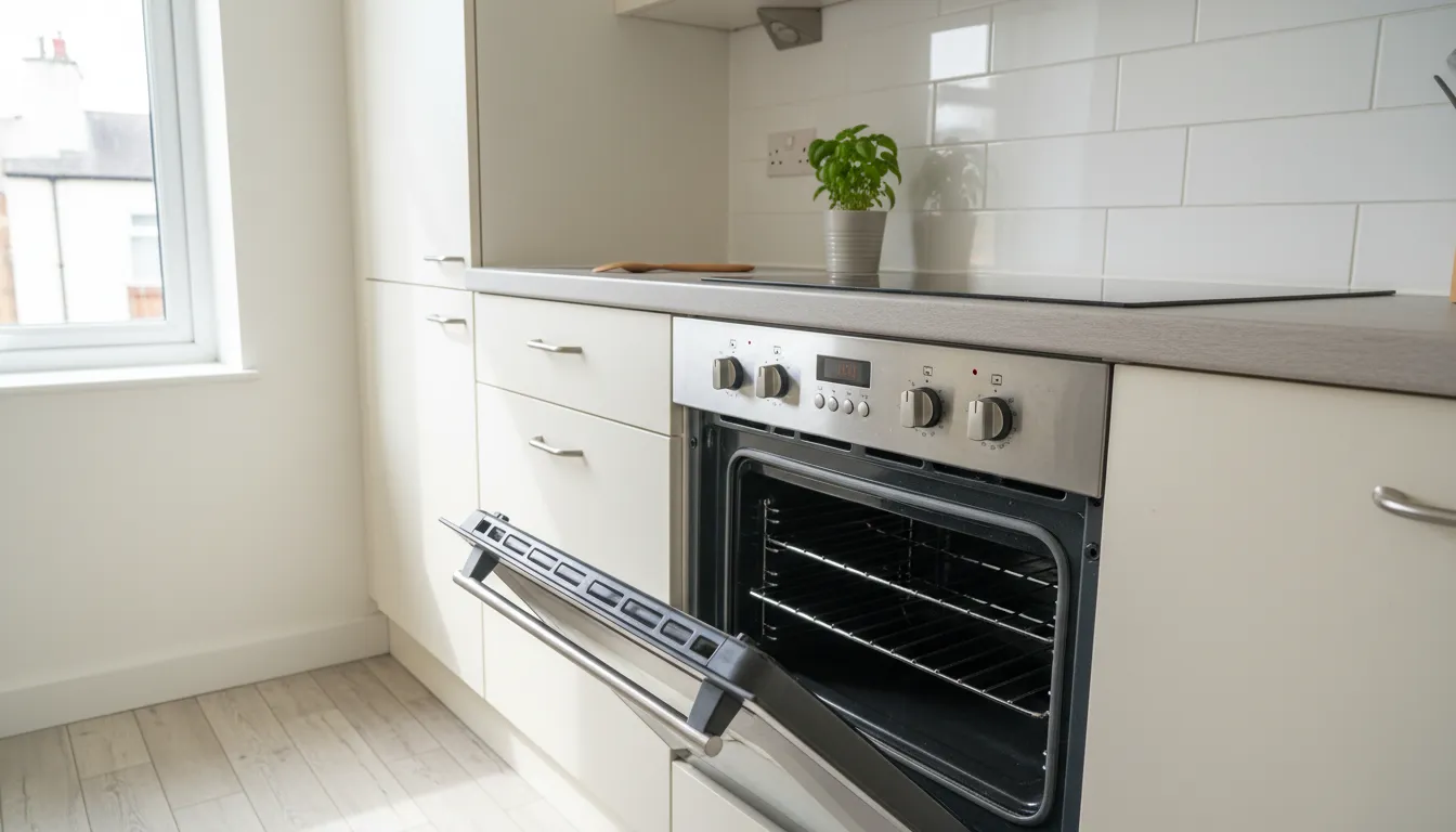 Close-up view of a cleaned oven door and polished hob in a rental kitchen