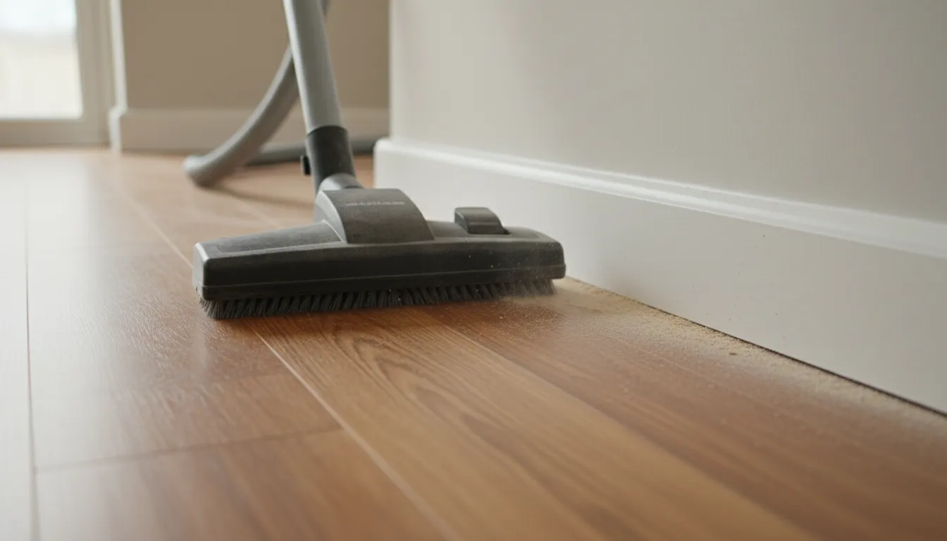 Eye-level view of a vacuum cleaner nozzle removing dust from the edge of a timber floor