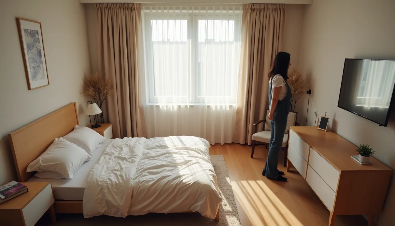 High angle view of a host inspecting a clean Airbnb bedroom before guest arrival