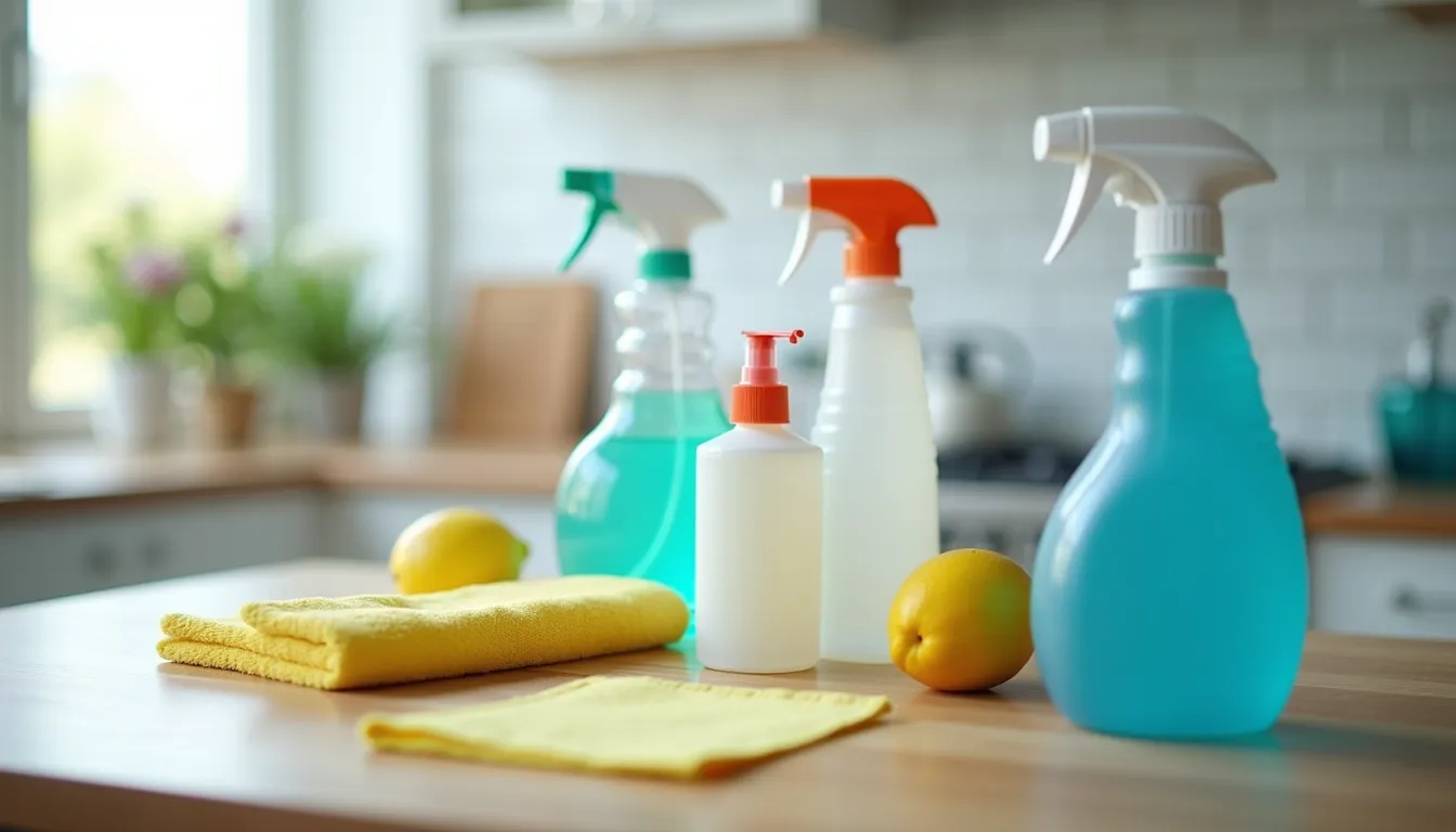 Close-up view of cleaning supplies arranged neatly on a countertop