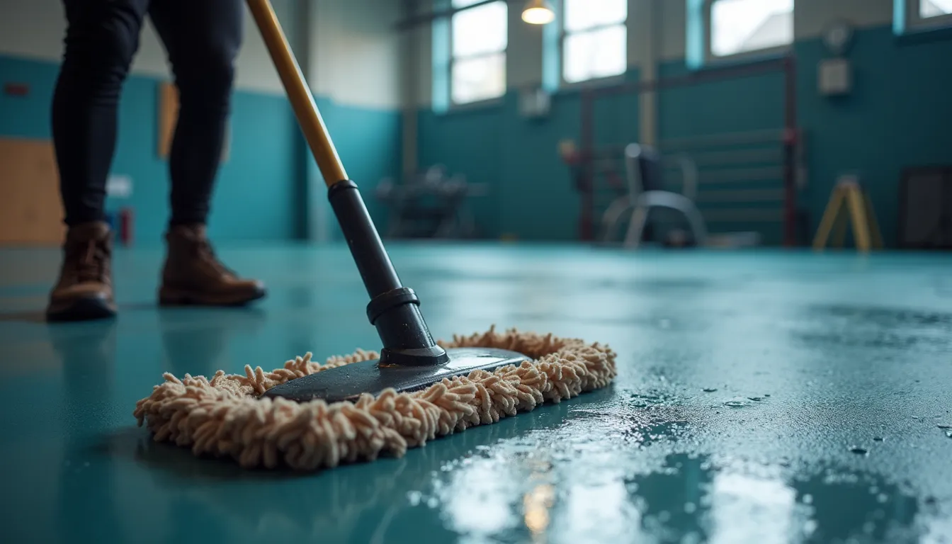 Close-up of gym floor with wet mop cleaning rubber mats