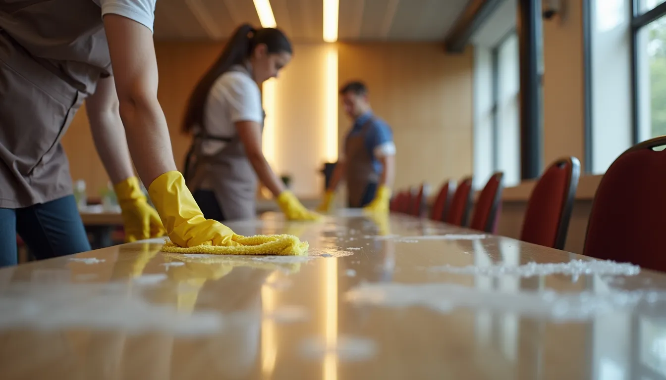 Close-up view of cleaning staff wiping down tables and chairs in an event space