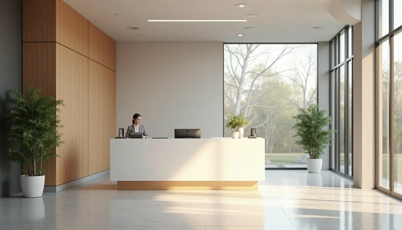 High angle view of a reception area with a clean desk, organized magazines, and a welcoming atmosphere