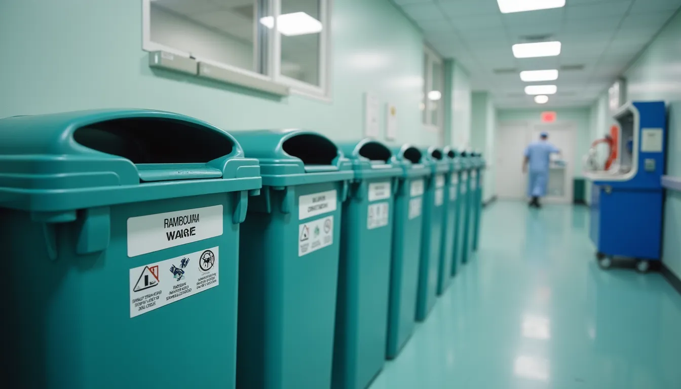 High angle view of labeled medical waste disposal bins in hospital setting
