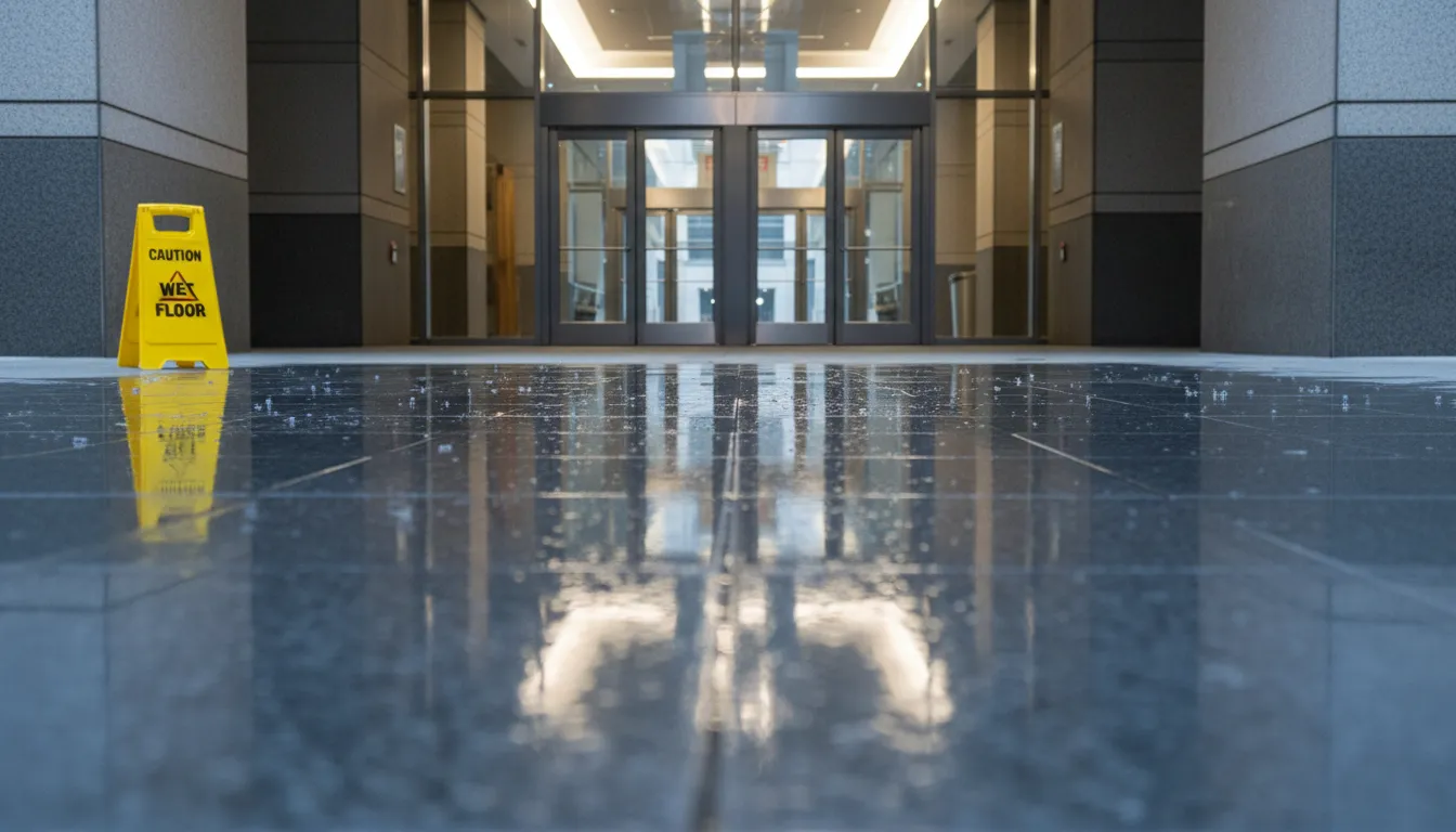 Low-angle view of a clean tiled entrance with a wet floor sign nearby.