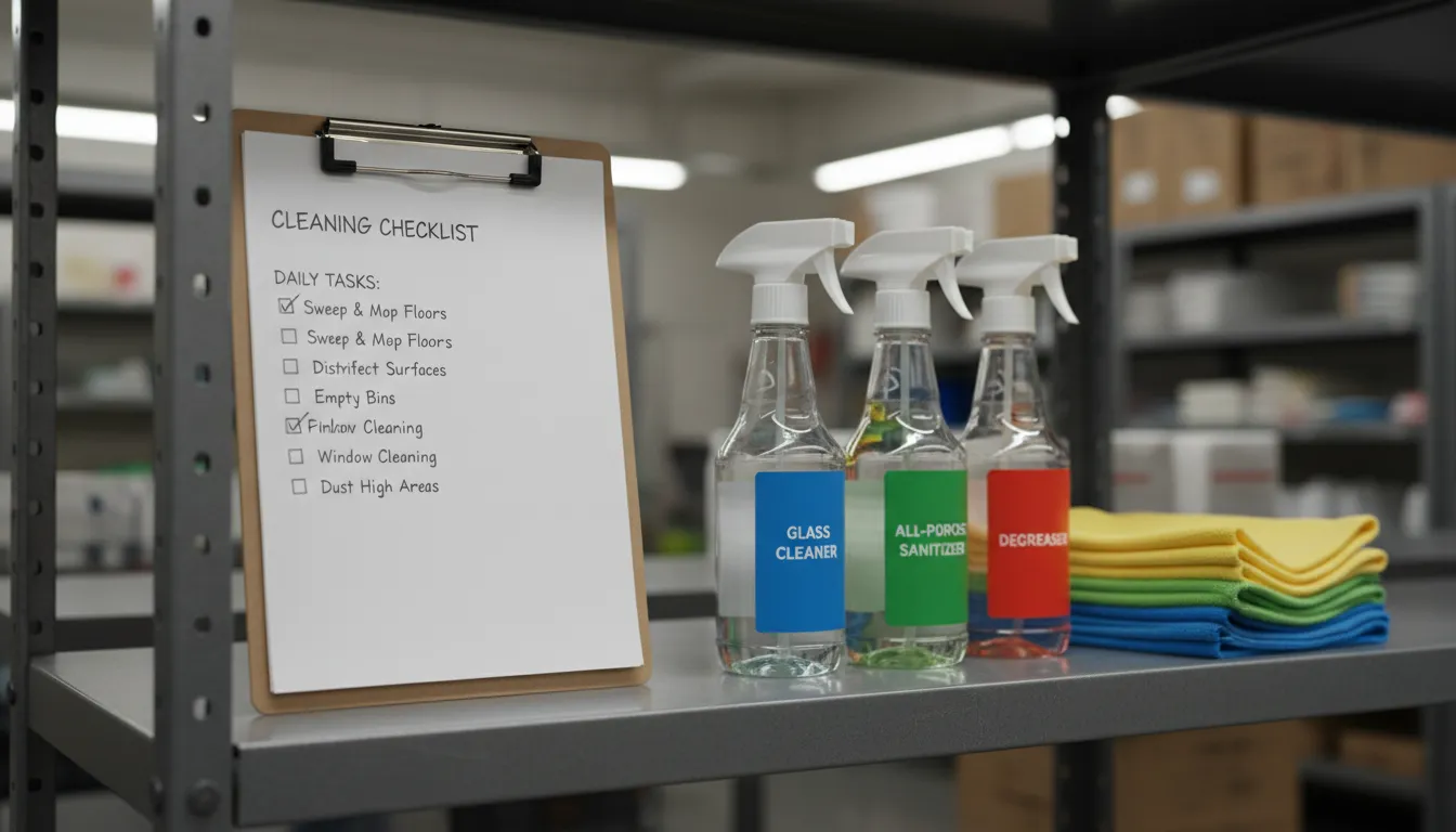 Close-up view of a clipboard with a cleaning checklist on a supply shelf.