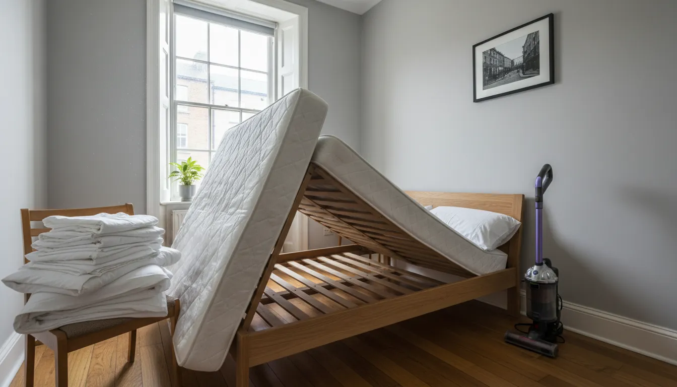 Eye-level view of a bedroom mattress and bedding during a deep clean