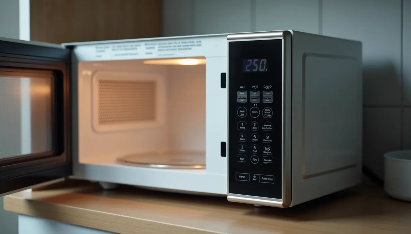 Eye-level view of a clean microwave oven with open door