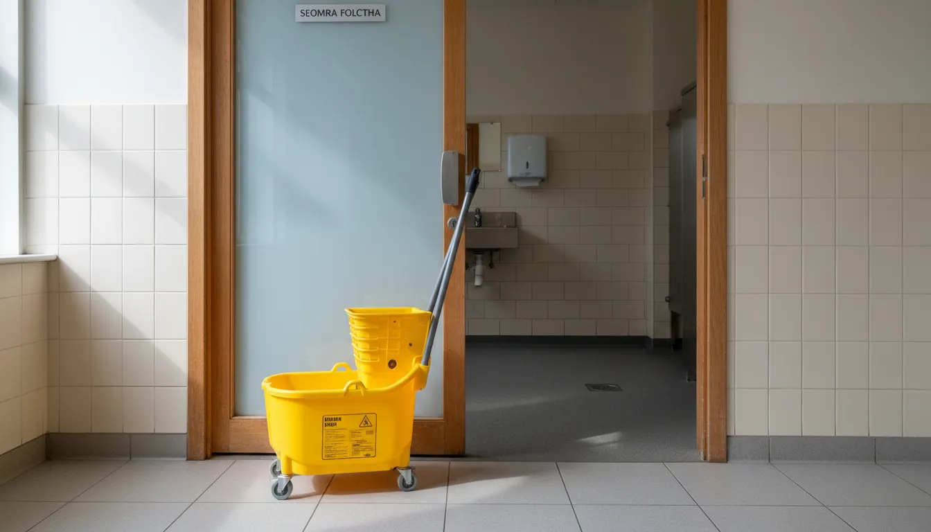 Eye-level view of a mop bucket beside a tiled washroom entrance.