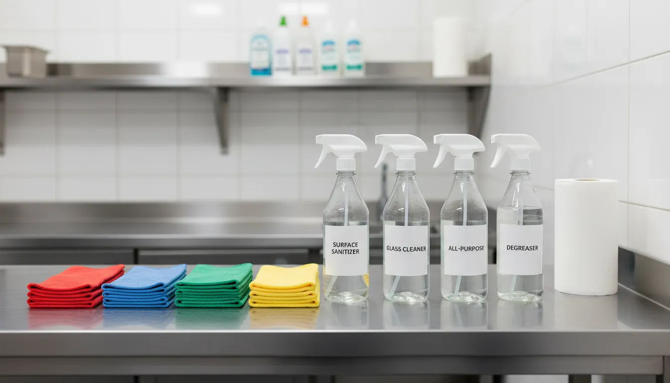 Eye-level view of colour-coded cleaning cloths on a stainless-steel counter