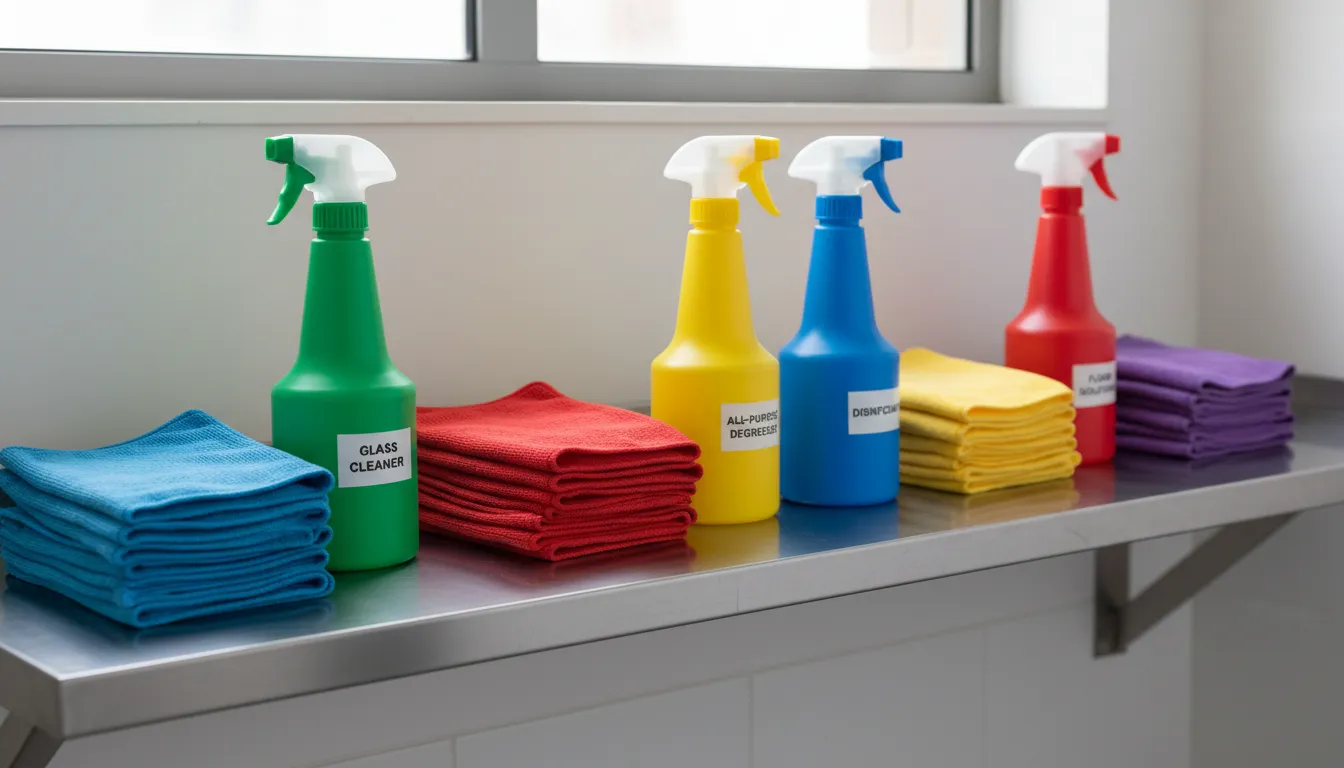 Close-up view of colour-coded cleaning cloths beside labelled spray bottles.