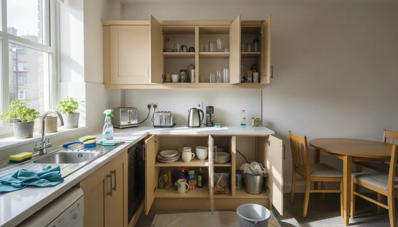 Close-up of a compact apartment kitchen counter with cleaning cloths and opened cupboards