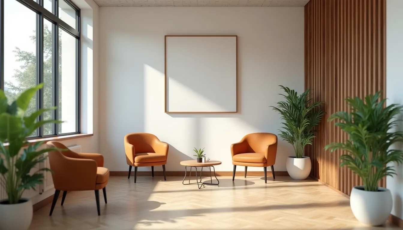 Close-up of a clean waiting area with comfortable chairs and a small plant on a side table