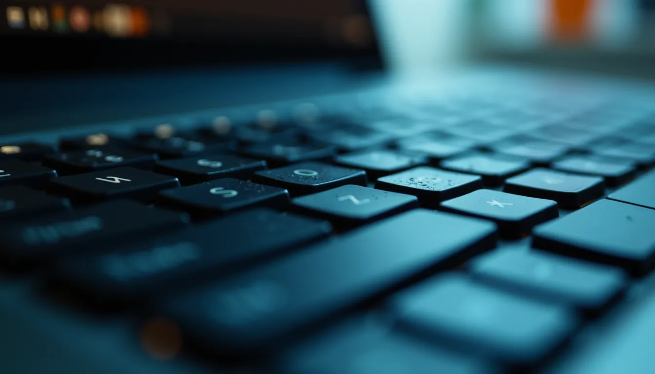 Close-up view of a computer keyboard with dust and fingerprints