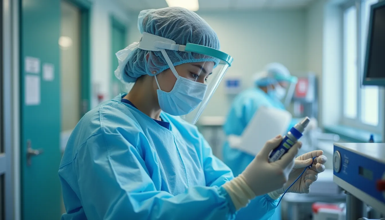 Eye-level view of cleaning professional wearing PPE disinfecting medical equipment