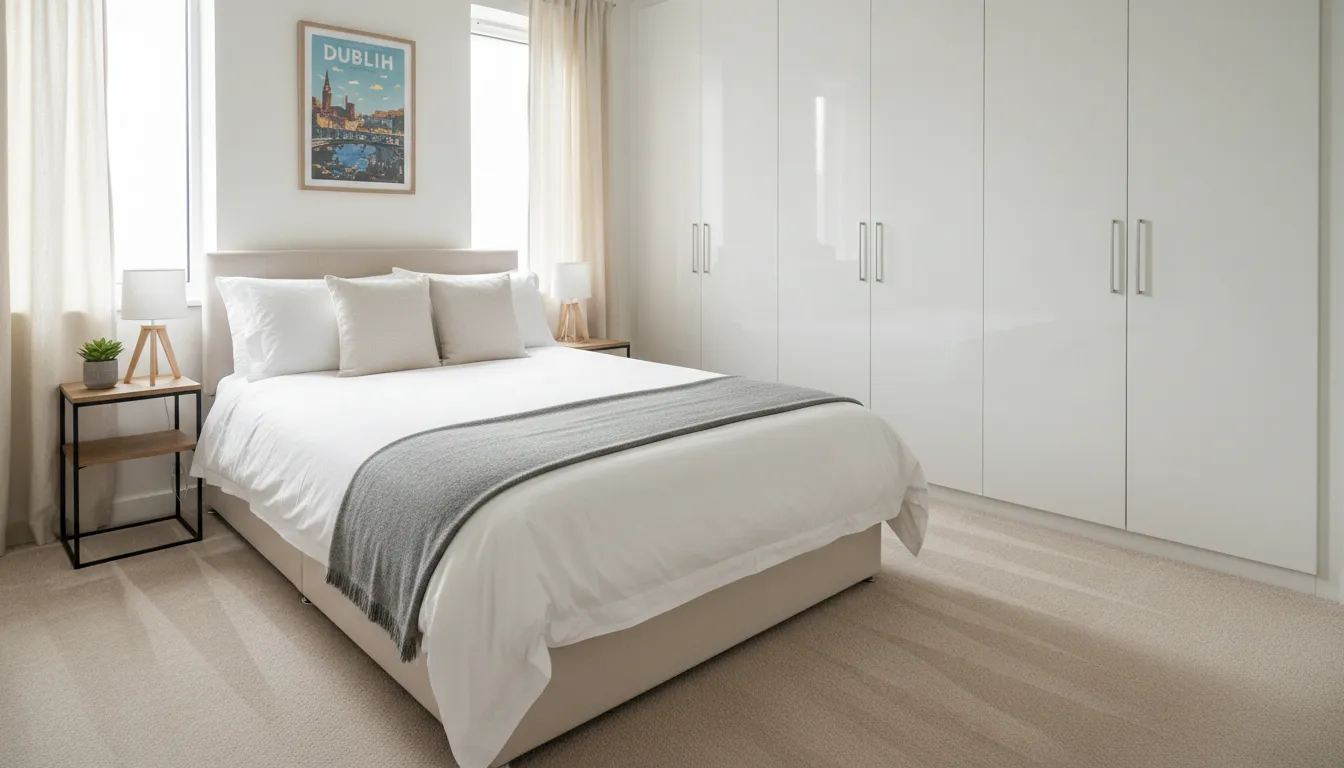 Eye-level view of a tidy furnished bedroom in a Dublin rental flat