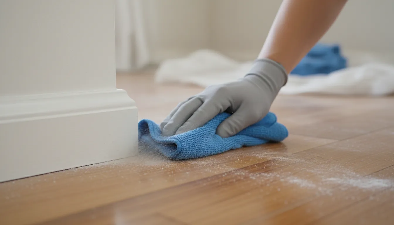 Close-up view of a microfibre cloth lifting pale construction dust from a painted skirting board