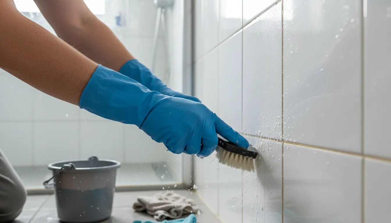Close-up of gloved hands scrubbing bathroom tile grout with a small brush