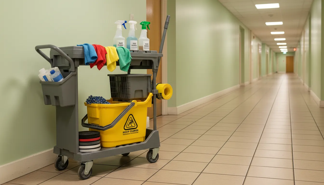 Close-up view of a cleaner’s cart beside a tiled corridor