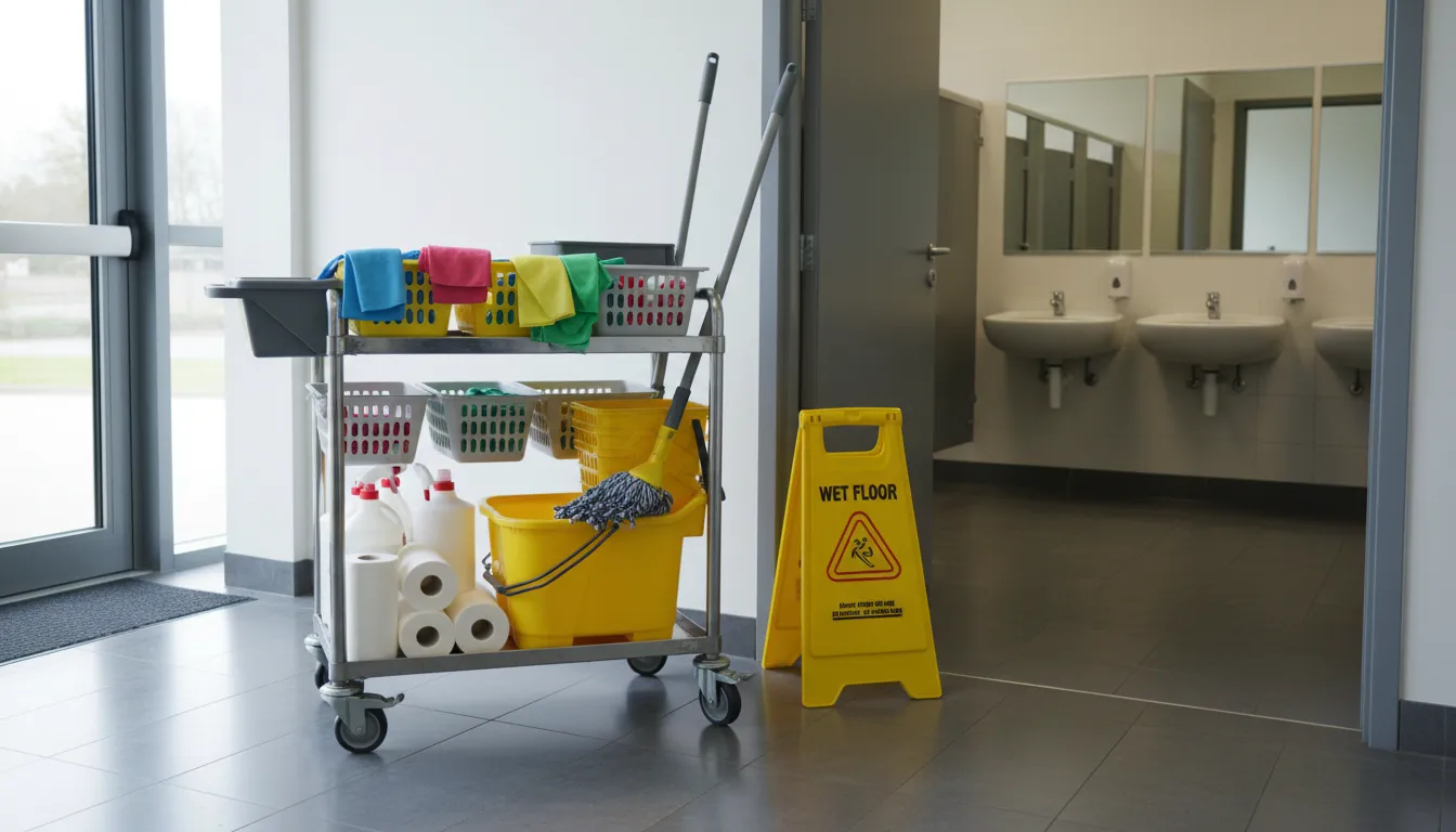 Eye-level view of a cleaning trolley beside a washroom entrance.